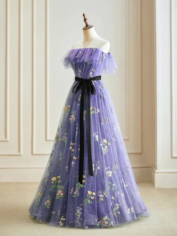 Blomma Fe Purple Blommig Balklänningar 2024 Korsade remmar Blomma Långa Axelbandslös Ärmlös Prinsessa Formella Klänningar