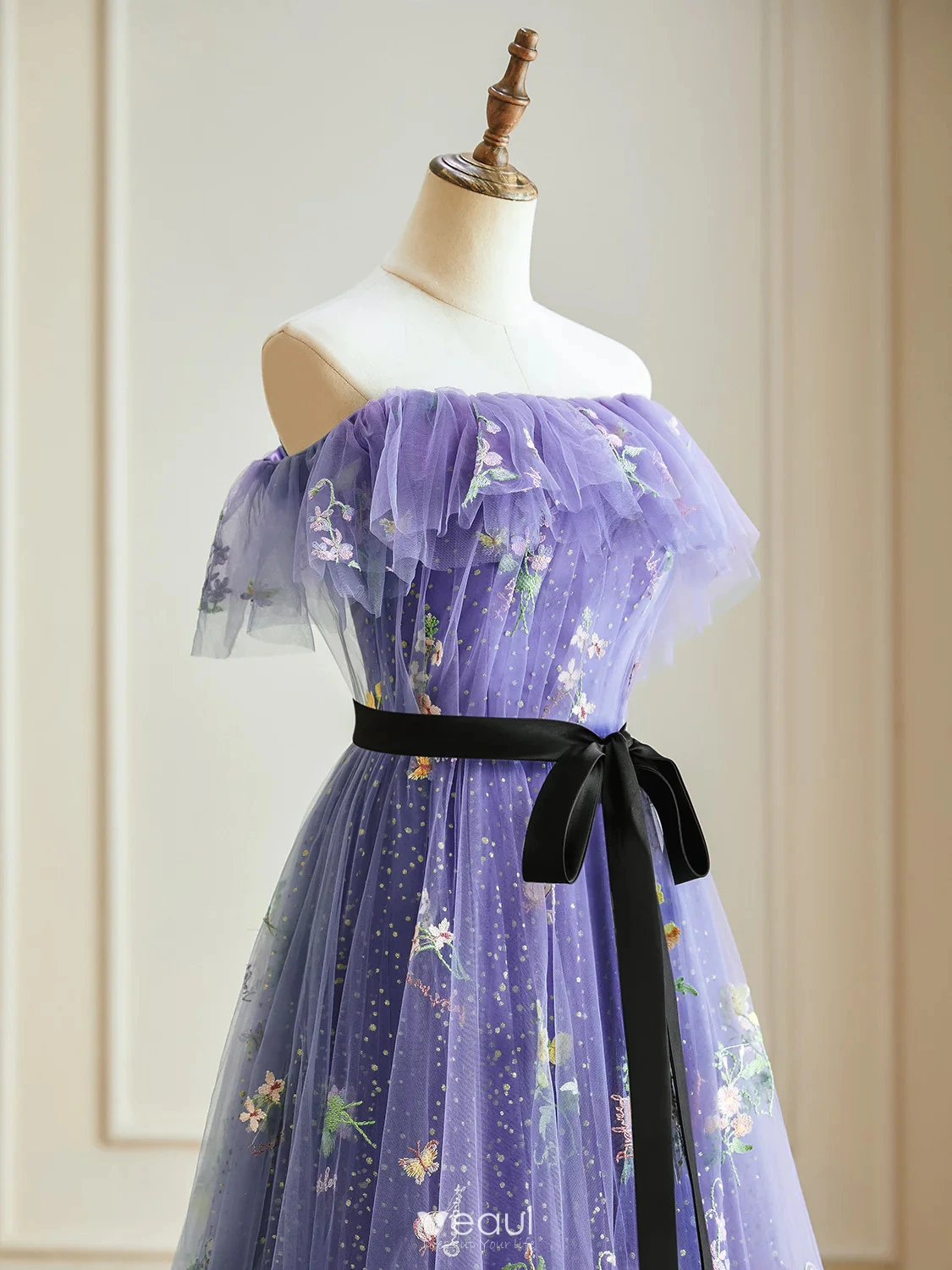 Flower Fairy Purple Floral Prom Dresses 2024 Crossed Straps Flower  Floor-Length / Long Strapless Sleeveless A