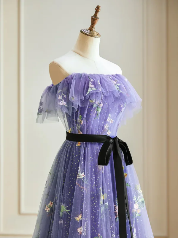 Blomma Fe Purple Blommig Balklänningar 2024 Korsade remmar Blomma Långa Axelbandslös Ärmlös Prinsessa Formella Klänningar