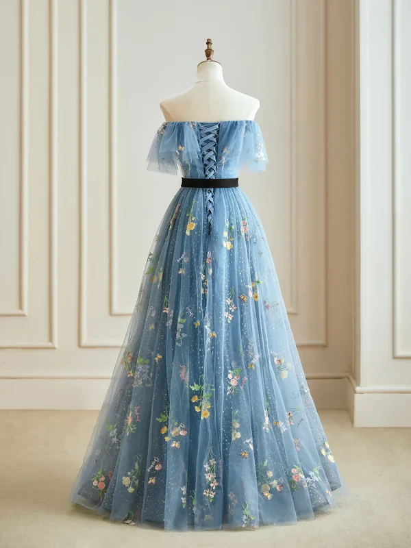 Flower Fairy Sky Blue Floral 2024 Prom Dresses Crossed Straps Embroidered Flower Floor-Length / Long Tulle Strapless Sleeveless Formal Dresses
