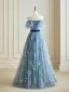Flower Fairy Sky Blue Floral 2024 Prom Dresses Crossed Straps Embroidered Flower Floor-Length / Long Tulle Strapless Sleeveless Formal Dresses