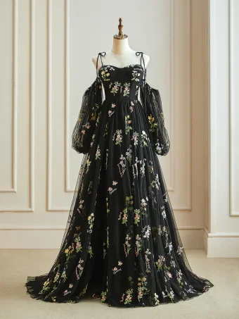 Flower Fairy Black Floral Corset Split Front Prom Dresses 2024 Spaghetti Straps Sweetheart Lace Long Sleeve A Line Princess Formal Dresses