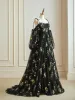 Flower Fairy Black Floral Corset Split Front Prom Dresses 2024 Spaghetti Straps Sweetheart Lace Long Sleeve A-Line / Princess Formal Dresses