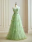 Fairytale Sage Green Embroidered Flower Spaghetti Straps Prom Dresses 2024 Floral Ruffle Tulle Floor-Length / Long Christmas Formal Dresses