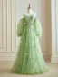 Fairytale Sage Green Embroidered Flower Spaghetti Straps Prom Dresses 2024 Floral Ruffle Tulle Floor-Length / Long Christmas Formal Dresses