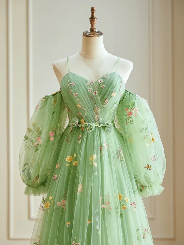 Fairytale Sage Green Embroidered Flower Spaghetti Straps Prom Dresses 2024 Floral Ruffle Tulle Floor-Length / Long Christmas Formal Dresses