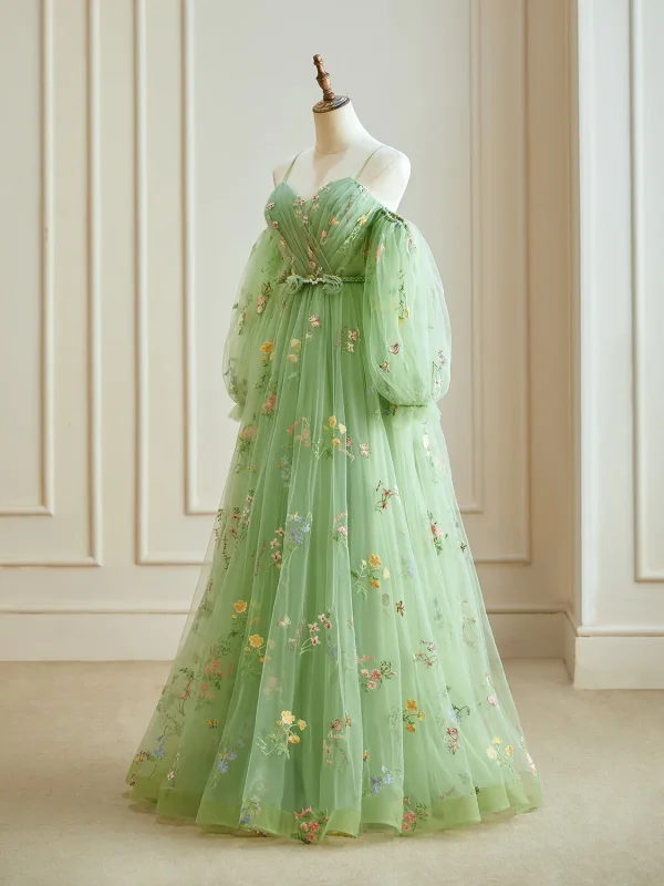Fairytale Sage Green Embroidered Flower Spaghetti Straps Prom Dresses 2024 Floral Ruffle Tulle Floor-Length / Long Christmas Formal Dresses