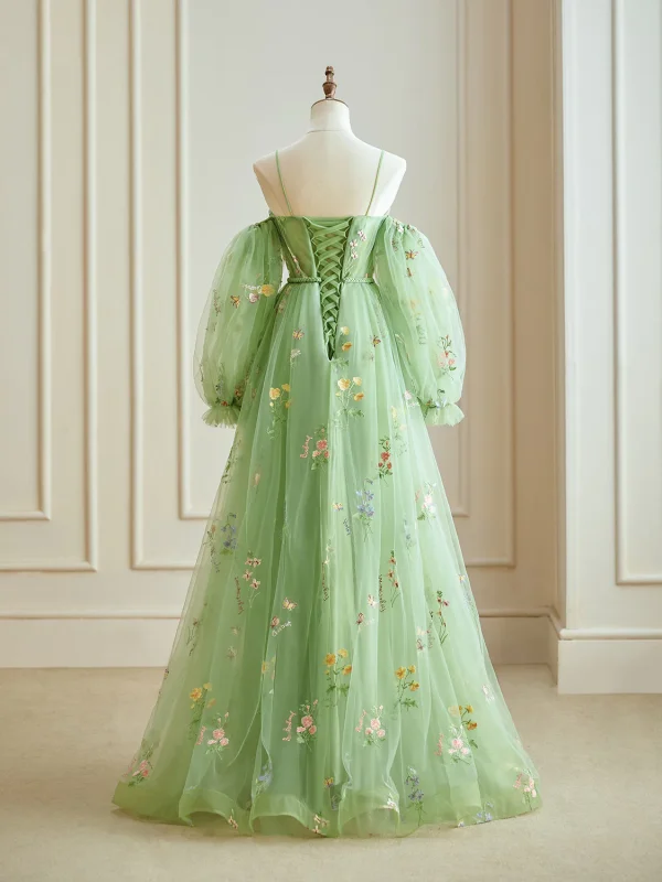 Fairytale Sage Green Embroidered Flower Spaghetti Straps Prom Dresses 2024 Floral Ruffle