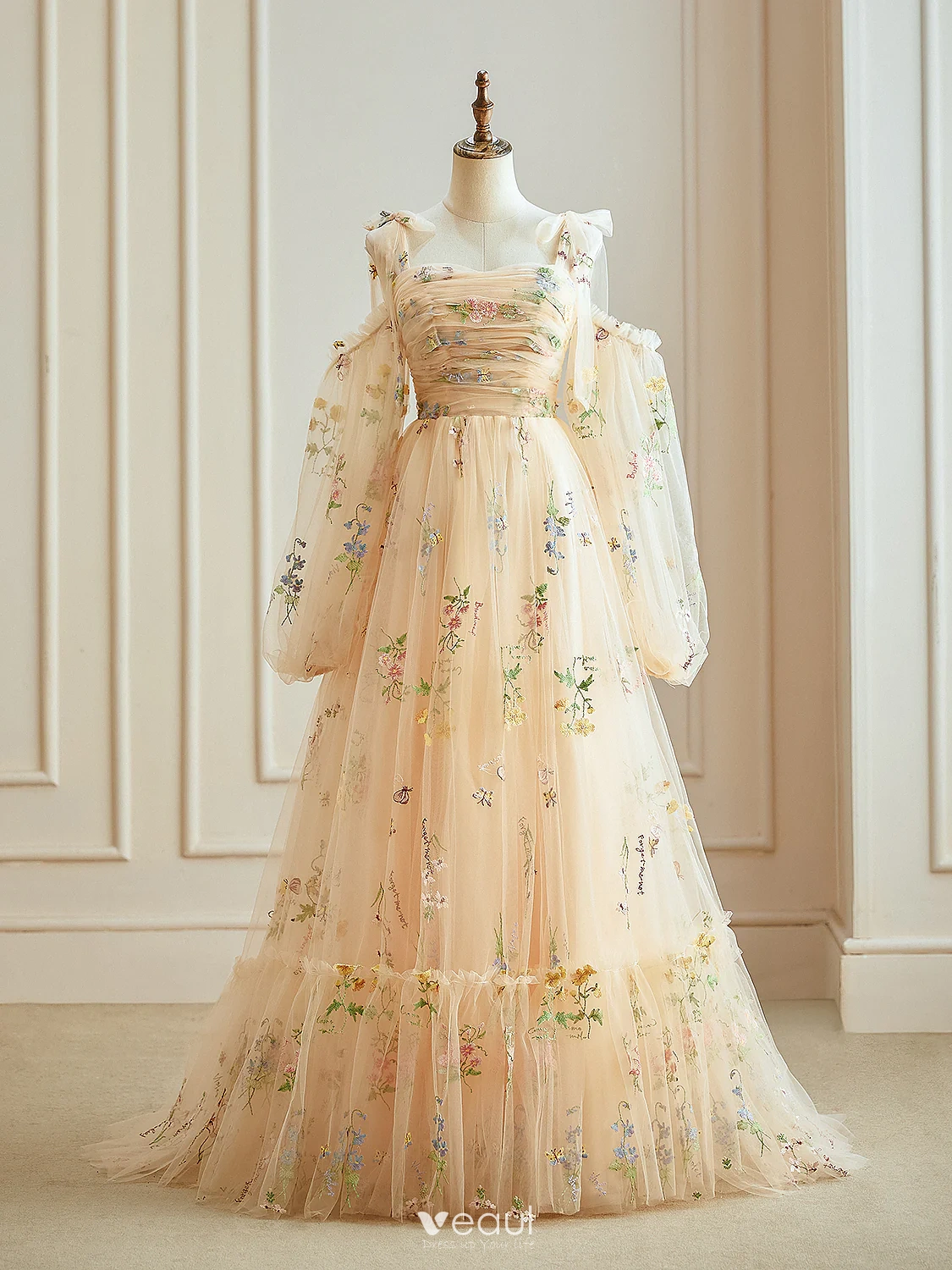 Flower Fairy Champagne Floral Prom Dresses 2024 Zipper Up Floor Length Long Tulle Spaghetti Straps Long Sleeve A Line Princess Formal Dresses Flower Fairy Champagne Floral Prom Dresses 2024 Zipper Up Floor Length Long Tulle Spaghetti Straps Long Sleeve A Line Princess Formal Dresses
