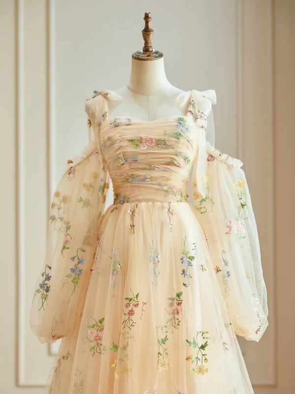 Flower Fairy Champagne Floral Prom Dresses 2024 Zipper Up Floor-Length / Long Tulle Spaghetti Straps Long Sleeve A-Line / Princess Formal Dresses