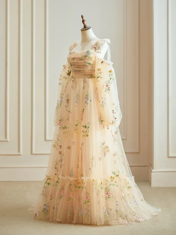 Flower Fairy Champagne Floral Prom Dresses 2024 Zipper Up Floor-Length / Long Tulle Spaghetti Straps Long Sleeve A-Line / Princess Formal Dresses
