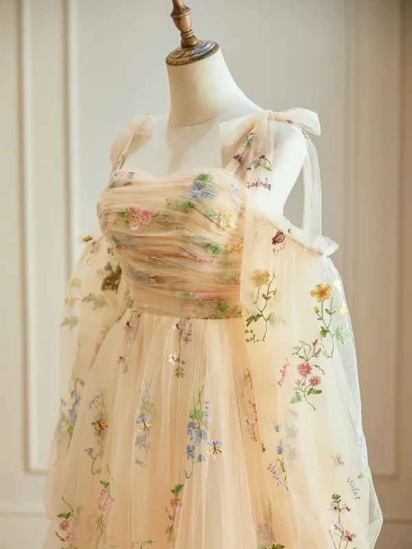 Flower Fairy Champagne Floral Prom Dresses 2024 Zipper Up Floor-Length / Long Tulle Spaghetti Straps Long Sleeve A-Line / Princess Formal Dresses