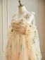 Flower Fairy Champagne Floral Prom Dresses 2024 Zipper Up Floor-Length / Long Tulle Spaghetti Straps Long Sleeve A-Line / Princess Formal Dresses
