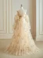 Flower Fairy Champagne Floral Prom Dresses 2024 Zipper Up Floor-Length / Long Tulle Spaghetti Straps Long Sleeve A-Line / Princess Formal Dresses