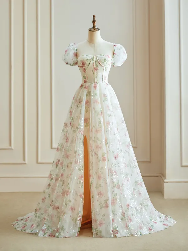 Vintage Originale Fendue devant Champagne Florale Robe De Bal 2024 Princesse Fermeture eclair Longue Amoureux De Fiancailles Manches Courtes Robe De Ceremonie