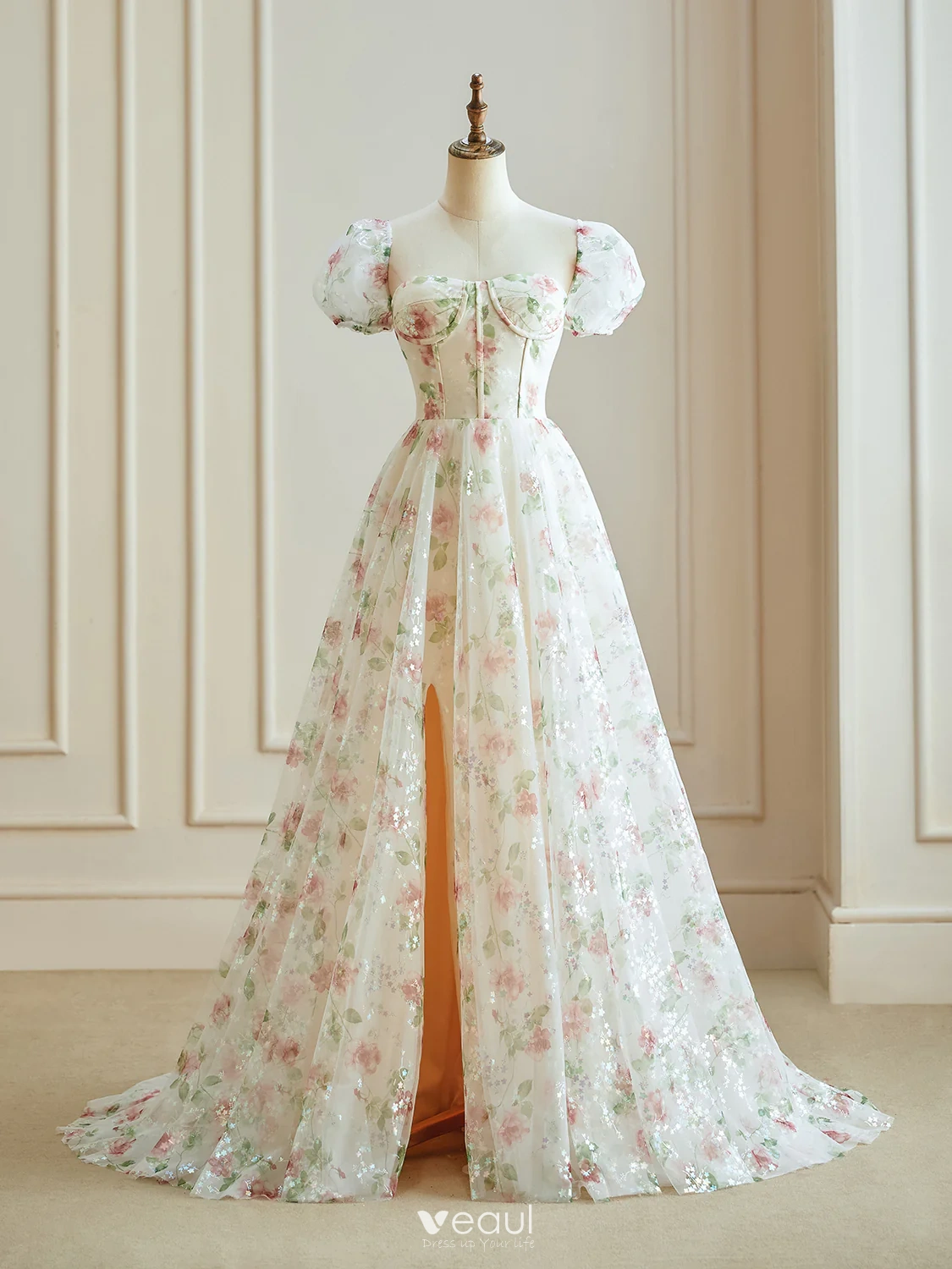 Vintage / Retro Split Front Champagne Floral Prom Dresses 2024 A-Line /  Princess Zipper Up Floor-Length / Long Sweetheart Engagement Short Sleeve Formal  Dresses