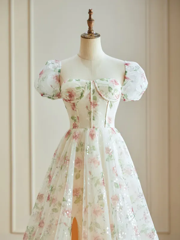 Vintage Retro Split Front Champagne Floral Prom Dresses 2024 A Line Princess Zipper Up Floor Length Long Sweetheart Engagement Short Sleeve Formal Dresses