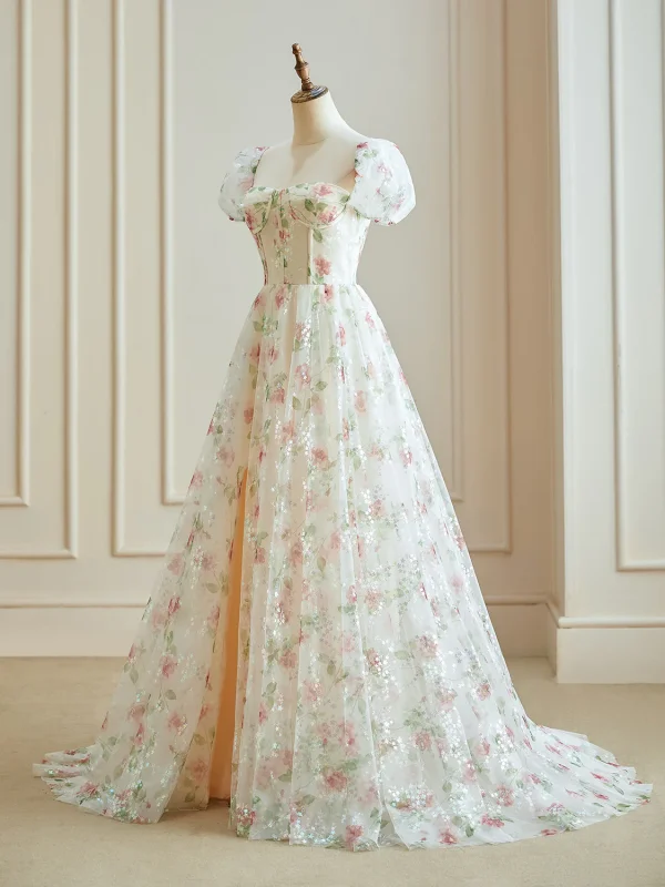 Vintage Fendue devant Champagne Blomster Ballkjoler 2024 Prinsesse Glidlås Lange Kjæreste Forlovelses Korte Ermer Formelle Kjoler