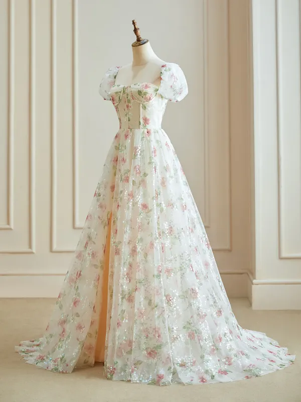 Vintage Retro Split Front Champagne Floral Prom Dresses 2024 A Line Princess Zipper Up