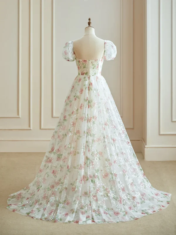 Vintage Fendue devant Champagne Blomster Ballkjoler 2024 Prinsesse Glidlås Lange Kjæreste Forlovelses Korte Ermer Formelle Kjoler