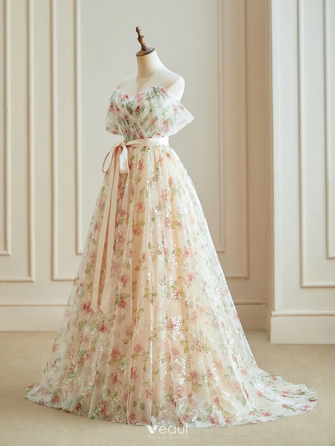 open lace back dress Light Blue Floral Tulle Tiered Prom Dresses with Slit & Lace Sweethear   Viniodress