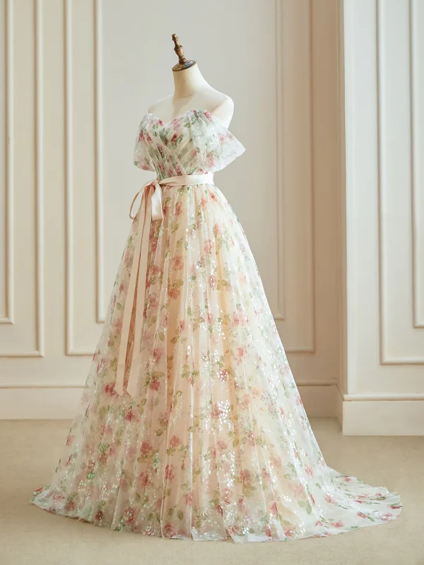Blumenfee Glanz Tülle Champagner Blumen Ballkleider 2024 Off Shoulder Verlobungs A Linie Festliche Kleider