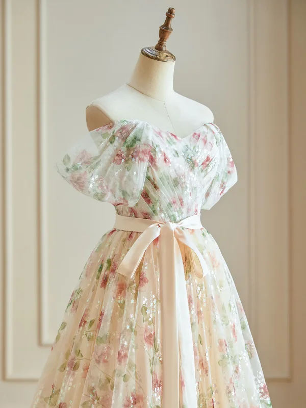Blumenfee Glanz Tülle Champagner Blumen Ballkleider 2024 Off Shoulder Verlobungs A Linie Festliche Kleider