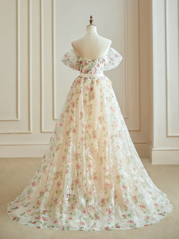 Flower Fairy Glitter Tulle Champagne Floral Prom Dresses 2024 Off-The-Shoulder A-Line