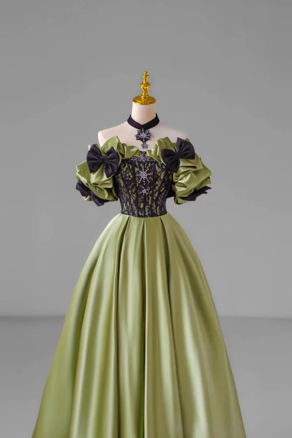 Elegant Sage Green Bow Lace Rhinestone Satin Prom Dresses 2024 Ball Gown Off-The-Shoulder Short Sleeve Backless Floor-Length / Long Prom Formal Dresses