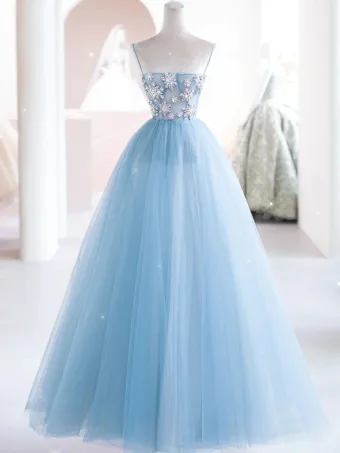 Charmant Bleu Ciel Faux Diamant Robe De Bal 2024 Princesse Bretelles Spaghetti Sans Manches Dos Nu Longue Robe De Ceremonie