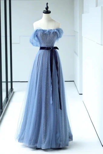 Mode Bleu Paillettes Noeud Ceinture Robe De Bal 2024 Princesse Bustier Sans Manches Dos Nu Longue Robe De Ceremonie