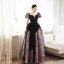 Élégant Noire Impression Robe De Bal 2023 Princesse Bretelles Spaghetti Manches Courtes Dos Nu Noeud Longue Promo Robe De Ceremonie