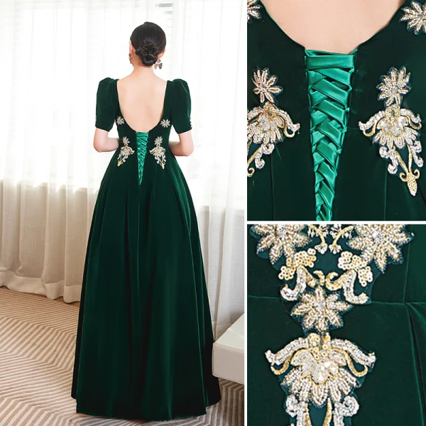 Élégant Vert Foncé Perlage Paillettes Robe De Bal 2023 Princesse Encolure Carrée Manches Courtes Dos Nu Longue Promo Robe De Ceremonie