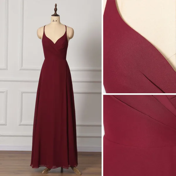 Modest / Simple Burgundy Bridesmaid Dresses 2022 A-Line / Princess Spaghetti Straps Sleeveless Backless Floor-Length / Long Prom Bridesmaid Dresses
