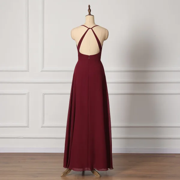 Modest / Simple Burgundy Bridesmaid Dresses 2022 A-Line / Princess Spaghetti Straps Sleeveless Backless Floor-Length / Long Prom Bridesmaid Dresses
