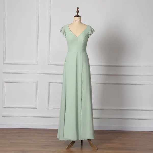 Modest / Simple Sage Green Bridesmaid Dresses 2022 A-Line / Princess V-Neck Sleeveless Backless Bow Floor-Length / Long Bridesmaid