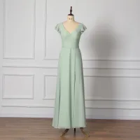Simple Vert Cendré Robe Demoiselle D'honneur 2022 Princesse V-Cou Sans Manches Dos Nu Noeud Longue Demoiselle D'honneur