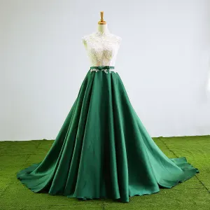 Chinese Style Dark Green Prom Dresses 2017 High Neck Sleeveless Appliques Backless Bow Sash Satin Formal Dresses Chapel Train
