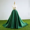 Chinese style Dark Green Prom Dresses 2017 High Neck Sleeveless Appliques Backless Bow Sash Satin Formal Dresses Chapel Train