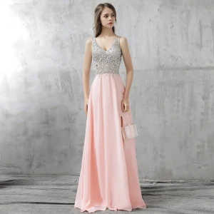 Sparkly Rødmende Rosa Ballkjoler 2017 Ryggløse Beading Rhinestone Paljetter Fendue Devant Lange Chiffon Formelle Kjoler