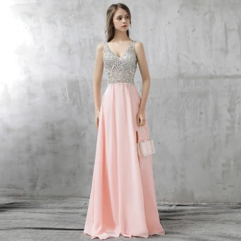 Sparkly Blushing Pink Prom Dresses 2017 Backless Beading Rhinestone Sequins Split Front Floor Length Long Chiffon Formal Dresses