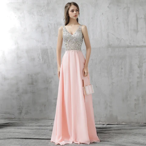 Sparkly Blushing Pink Prom Dresses 2017 Backless Beading Rhinestone Sequins Split Front Floor-Length / Long Chiffon Formal Dresses