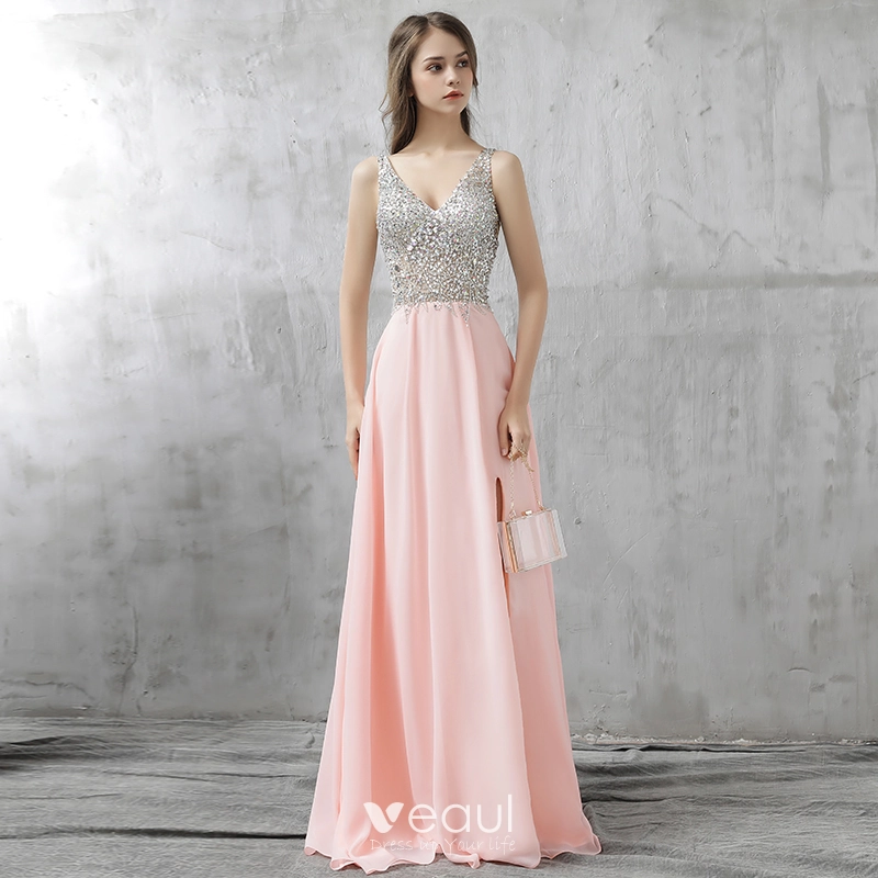 Sparkly Blushing Pink Prom Dresses 2017 Backless Beading Rhinestone Sequins Split Front Floor Length Long Chiffon Formal Dresses