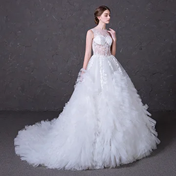 Sexy Pierced Wedding Dresses 2017 A Line Princess Scoop Neck Sleeveless Appliques Lace White Ruffle Tulle Court Train