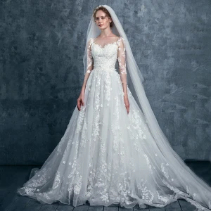 Romantic Ivory Wedding Dresses 2017 A Line Princess Square Neckline 3 4 Sleeve Appliques Lace Flower Sequins Court Train
