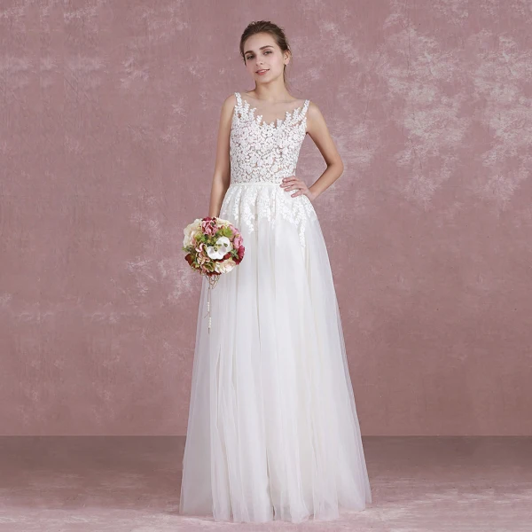 Chic / Belle Ivoire Robe De Mariée 2017 Princesse Encolure Dégagée Sans Manches Percé Dentelle Volants Tulle Ceinture Longue