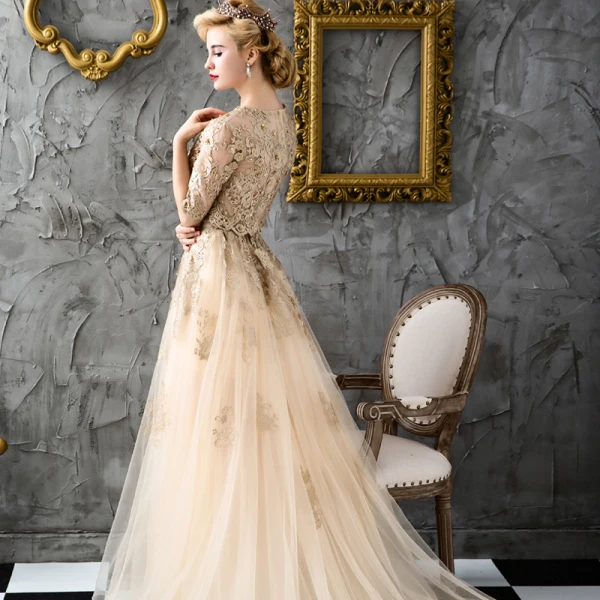 Chic / Belle Doré Robe De Soirée 2017 Dentelle Perlage Appliques Percé Paillettes Soirée Robe De Bal