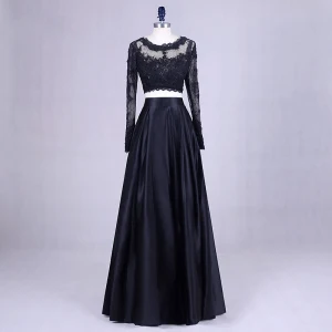 2 Pièces Noir Robe De Bal 2017 Encolure Dégagée Princesse Manches Longues Appliques Dentelle Satin Robe De Ceremonie