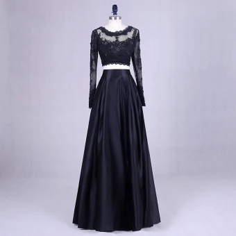 2 Piece Black Prom Dresses 2017 Scoop Neck A Line Princess Long Sleeve Appliques Lace Satin Formal Dresses