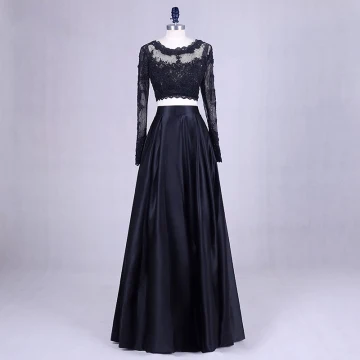 2 Bit Svart Balklänningar 2017 Urringning Prinsessa Långärmad Appliqués Spets Satin Formella Klänningar